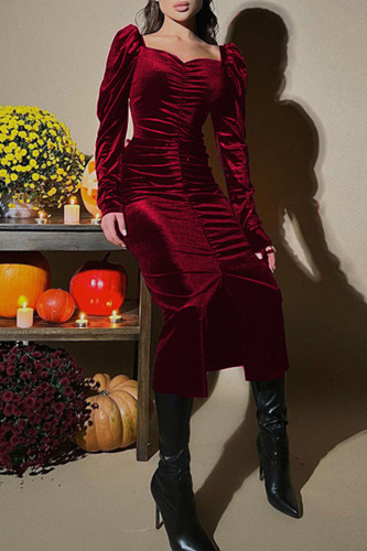 Burgundy Black Fold Square Collar Long Sleeve Front Slit One Step Skirt Formal Evening Party Bodycon Velvet Maxi Dresses