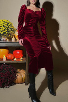 Burgundy Elegant Solid Patchwork Fold Square Collar One Step Skirt Dresses
