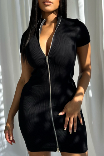 Black Sexy Solid Zipper Zipper Collar Pencil Skirt Dresses