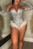 Gold Sexy Solid Sequins Feathers Strapless Regular Rompers