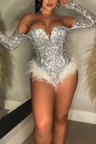 Silver Sexy Solid Sequins Feathers Strapless Regular Jumpsuits