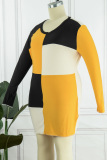 Yellow Casual Patchwork Contrast O Neck Long Sleeve Plus Size Dresses