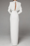 White Elegant Solid Patchwork Backless Slit Fold O Neck Straight Dresses