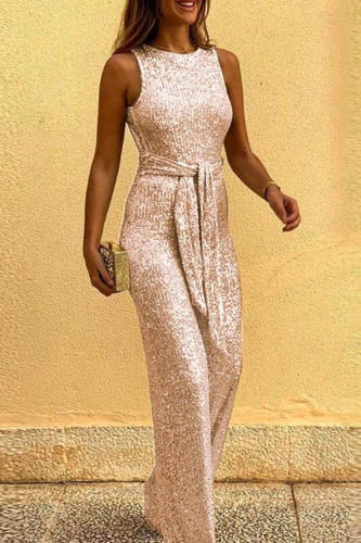 Champagne Elegant Solid Sequined With Belt O Neck Straight Jumpsuits
