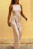 Silver Elegant Solid Sequined With Belt O Neck Straight Jumpsuits