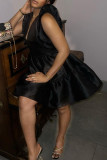 Black Sexy Solid Patchwork Flounce Fold V Neck Waist Skirt Dresses