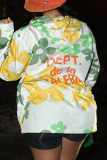 Green Yellow Casual Print Patchwork Hooded Collar Tops