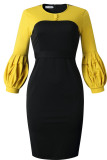 Yellow Casual Patchwork Slit Contrast O Neck Pencil Skirt Dresses