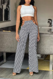 Black White Sexy Casual Print Hollowed Out Straight High Waist Full Print Bottoms