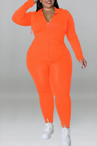 Tangerine Red Casual Solid Patchwork Zipper Hooded Collar Plus Size Two Pieces