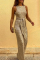 Champagne Elegant Solid Sequined With Belt O Neck Straight Jumpsuits
