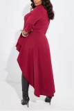 Burgundy Casual Solid Flounce O Neck Tops