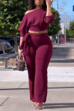 Burgundy Sexy Casual Solid Bandage Bright Silk O Neck Half Sleeve Two Pieces