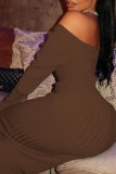 Brownness Casual Solid Patchwork V Neck Long Sleeve Plus Size Dresses