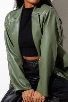 Green Fashion Elegant Solid Pocket Buckle Turn-back Collar Outerwear