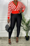 Red Casual Daily Striped Pullovers V Neck Mid Waist Tops
