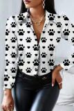 White Casual Print Patchwork Turndown Collar Tops