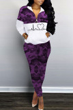Purple Casual Print Camouflage Print Patchwork Zipper Collar Long Sleeve Two Pieces