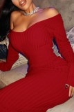 Red Casual Solid Patchwork V Neck Long Sleeve Plus Size Dresses