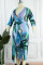 Blue Casual Print Bandage Patchwork V Neck Printed Dress Plus Size Dresses