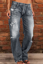 Grey Casual Street Patchwork Ripped Straight Denim Jeans
