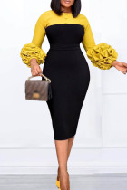 Yellow Casual Patchwork Slit Contrast O Neck Pencil Skirt Dresses