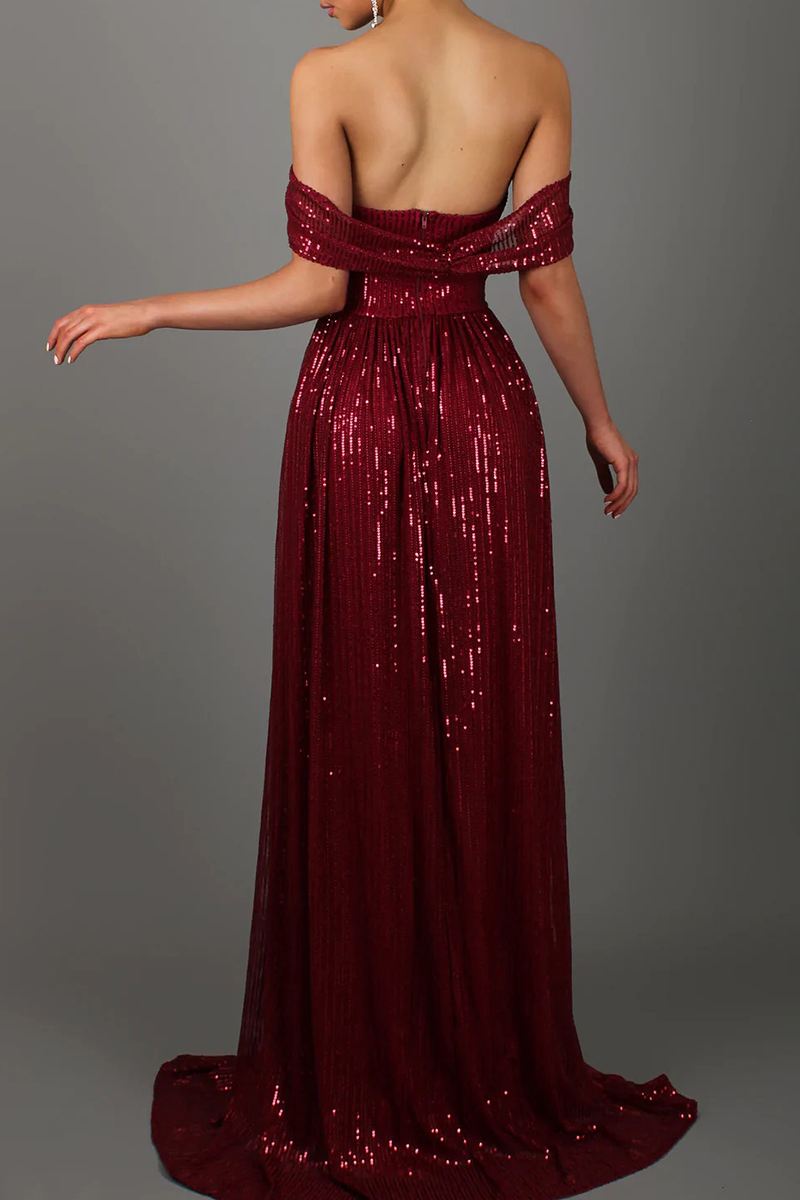 Sparkly Strapless Burgundy Sequin Slit Long Party Dress Evening Gown