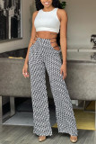 Black White Sexy Casual Print Hollowed Out Straight High Waist Full Print Bottoms