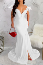 White Sexy Solid Patchwork Feathers V Neck Evening Dress Dresses