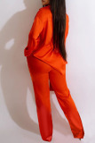 Orange Red Casual Solid Patchwork Buckle Turndown Collar Long Sleeve Two Pieces