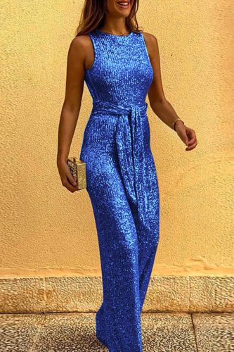 Blue Elegant Solid Sequined With Belt O Neck Straight Jumpsuits