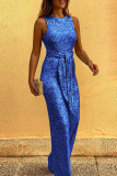 Gold Elegant Solid Sequined With Belt O Neck Straight Jumpsuits