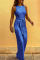 Champagne Elegant Solid Sequined With Belt O Neck Straight Jumpsuits