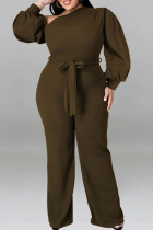 Green Casual Solid Bandage Patchwork Oblique Collar Plus Size Jumpsuits