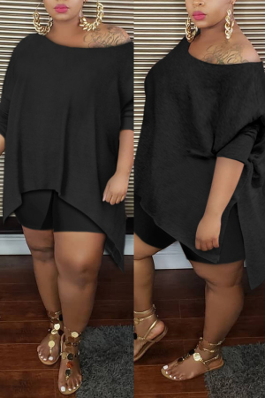 Black Casual Solid Asymmetrical One Shoulder Plus Size