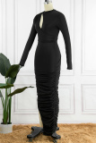 Black Sexy Solid Hollowed Out Fold O Neck Long Sleeve Dresses