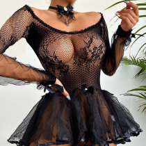Black Sexy Patchwork Solid See-through Mesh Valentines Day Lingerie