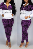 Purple Casual Print Camouflage Print Patchwork Zipper Collar Long Sleeve Two Pieces