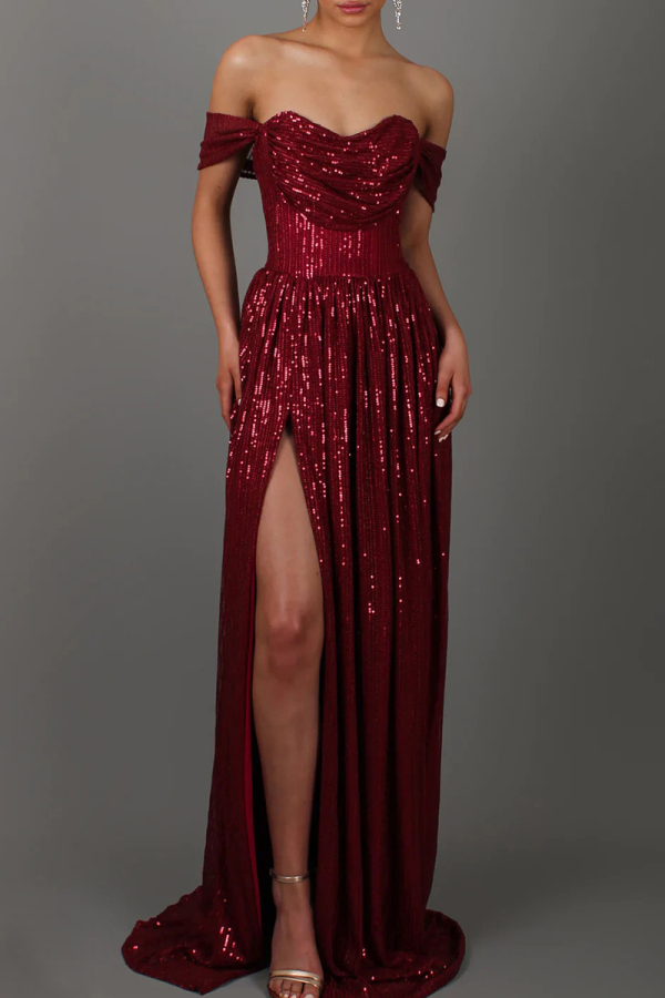 14827 Burgundy Sequined Slit Dress