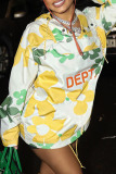 Green Yellow Casual Print Patchwork Hooded Collar Tops