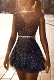 Black Sexy Polka Dot Patchwork Asymmetrical V Neck Princess Dresses