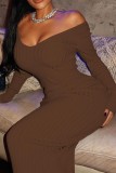 Brownness Casual Solid Patchwork V Neck Long Sleeve Plus Size Dresses