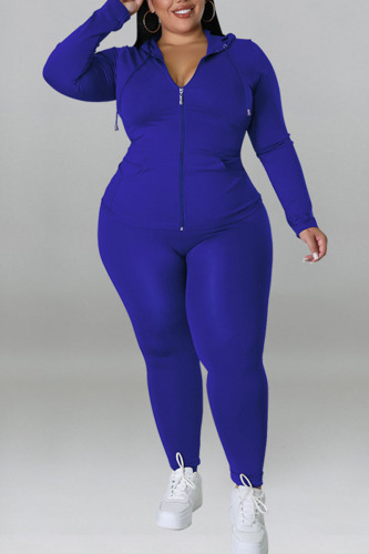 Blue Casual Solid Patchwork Zipper Hooded Collar Plus Size Two Pieces