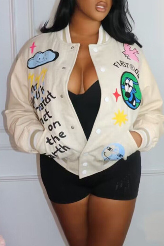 Cream White Casual Street Print Patchwork Buckle Outerwear