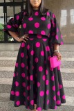 Rose Red Casual Dot Print Patchwork O Neck Long Sleeve Plus Size Dress