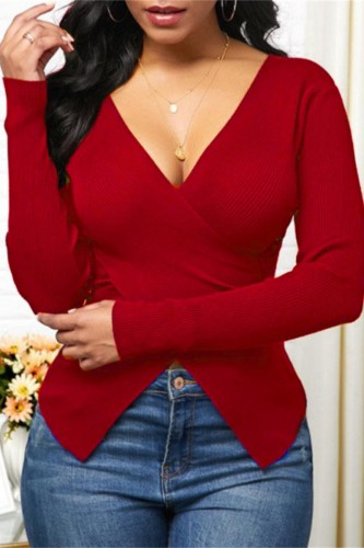 Red Casual Solid Patchwork V Neck Tops
