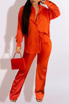 Orange Red Casual Solid Patchwork Buckle Turndown Collar Long Sleeve Two Pieces