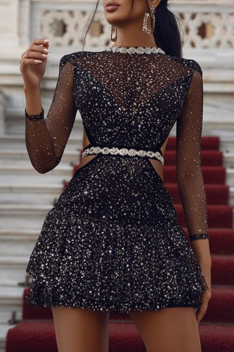 Black Sexy Polka Dot Patchwork Asymmetrical V Neck Princess Dresses