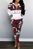 Red Casual Print Camouflage Print Patchwork Zipper Collar Long Sleeve Two Pieces