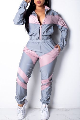 Pink Gray Fashion Casual Patchwork Solid Patchwork Zipper Collar Long Sleeve Two Pieces(Without Pocket)